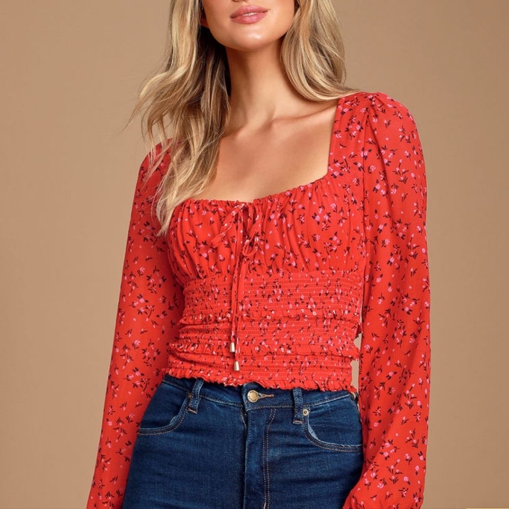Free People Red Floral Long-Sleeve Peasant Blouse Size L